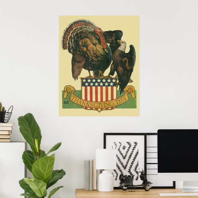 Vintage Thanksgiving Turkey, Eagle, Amercan Flag Poster (Home Office)