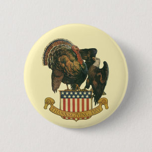 Vintage Thanksgiving Turkey, Eagle, American Flag 2 Inch Round Button