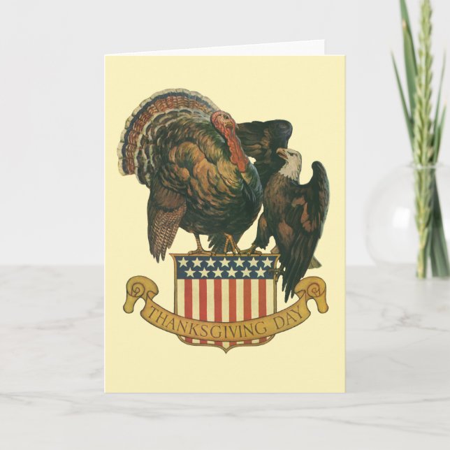 Vintage Thanksgiving Turkey, Eagle, American Flag Holiday Card (Front)
