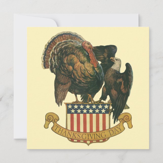 Vintage Thanksgiving Turkey, Eagle, American Flag Invitation (Front)