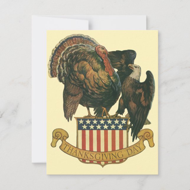 Vintage Thanksgiving Turkey, Eagle, American Flag Invitation (Front)