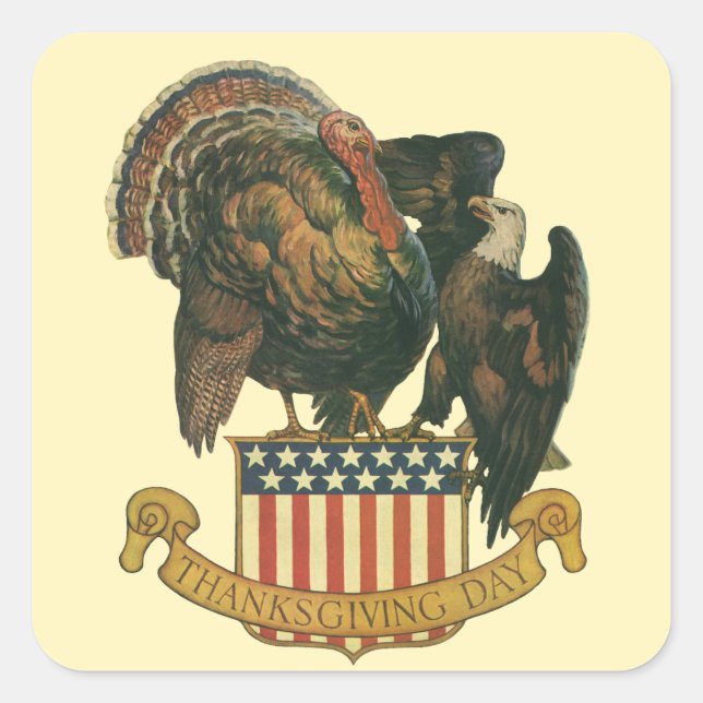 Vintage Thanksgiving Turkey, Eagle, American Flag Square Sticker (Front)