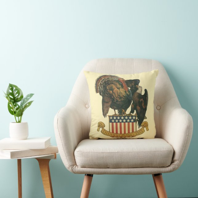Vintage Thanksgiving Turkey, Eagle, American Flag Throw Pillow (Chair)