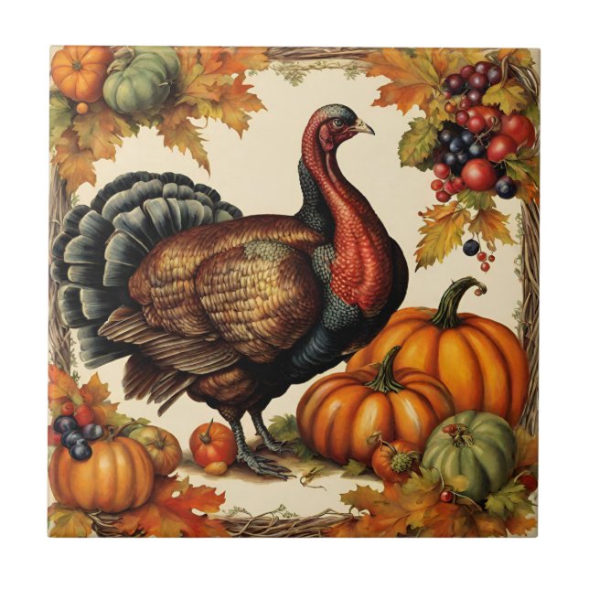 Vintage Thanksgiving Turkey, Fruit and Pumpkins  Tile (Front)