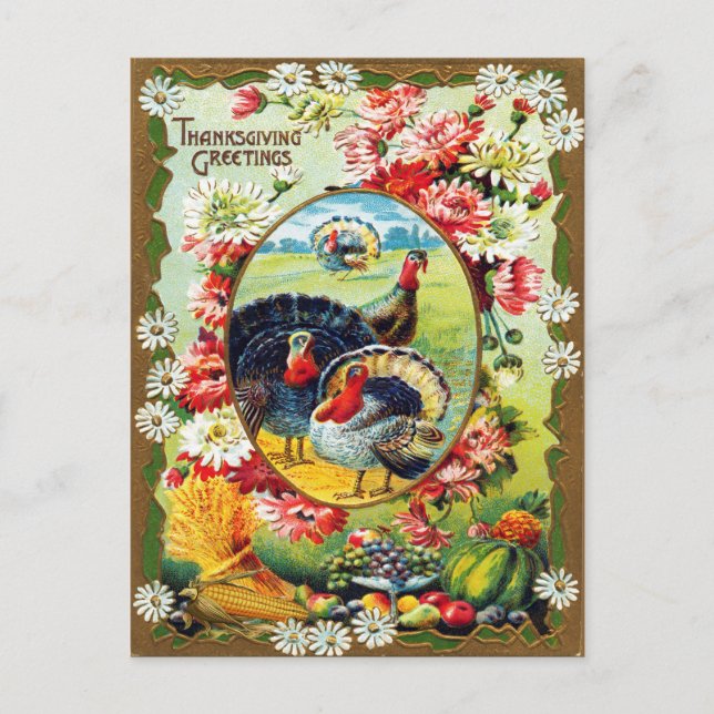 Vintage Thanksgiving Turkey Harvest Floral Postcard (Front)