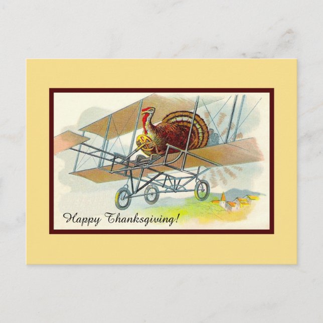Vintage thanksgiving turkey in airplane holiday postcard (Front)
