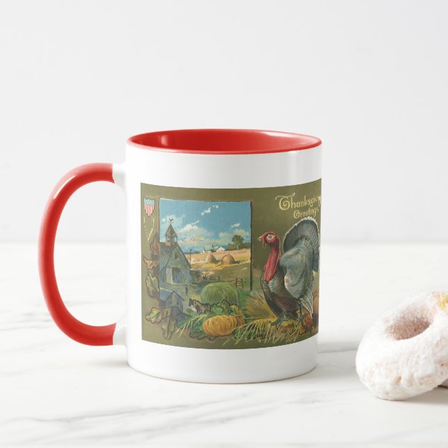 Vintage Thanksgiving, Turkey on the Farm Mug (With Donut)