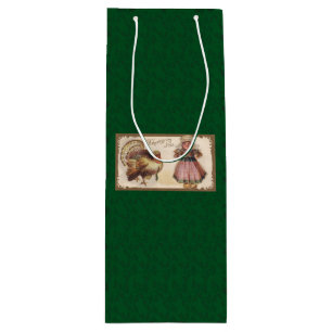 Vintage Thanksgiving, Turkey, Pilgrim Girl Wine Gift Bag