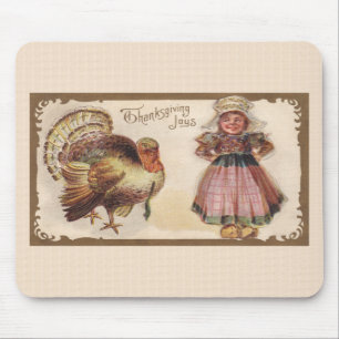 Vintage Thanksgiving Turkey with Pilgrim girl Mouse Pad
