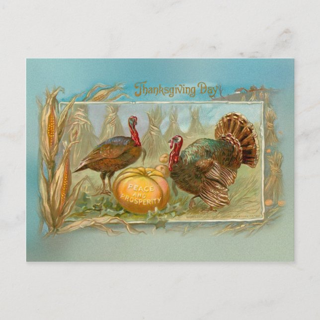 Vintage Thanksgiving Turkeys and Pumpkin Holiday Postcard (Front)