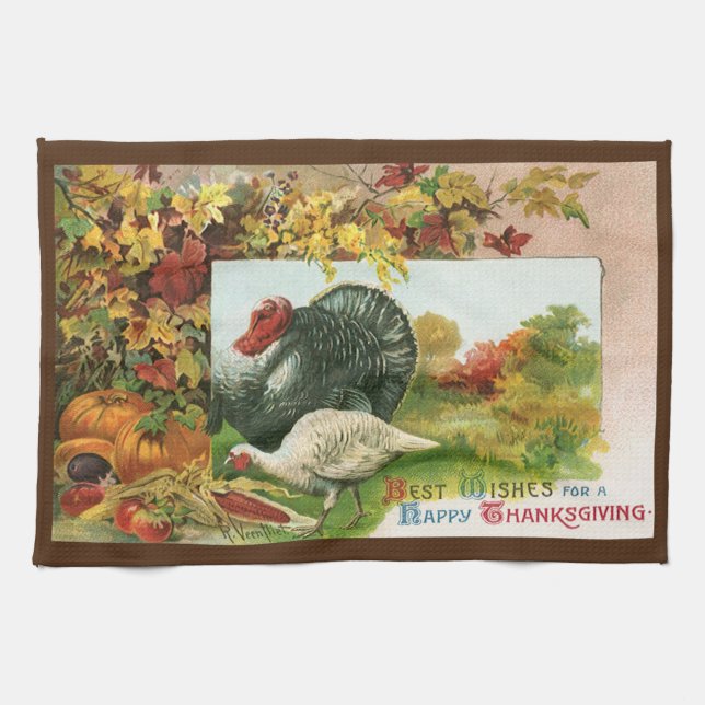 Vintage Thanksgiving, Wild Turkeys Autumn Colours Kitchen Towel (Horizontal)