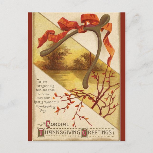 Vintage Thanksgiving Wishbone With Ribbon Postcard (Front)