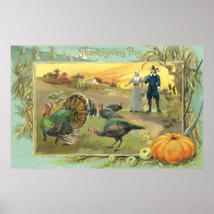 Vintage Thanksgiving with Pilgrims and Turkeys Poster