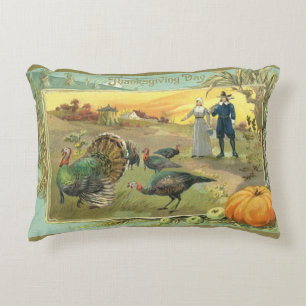 Vintage Thanksgiving with Turkeys and Pilgrims Accent Pillow