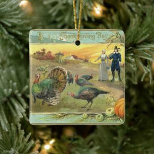 Vintage Thanksgiving with Turkeys and Pilgrims Ceramic Ornament