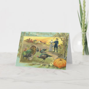 Vintage Thanksgiving with Turkeys and Pilgrims Holiday Card
