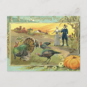 Vintage Thanksgiving with Turkeys and Pilgrims Holiday Postcard