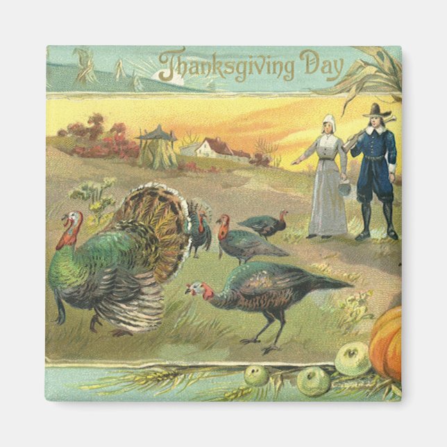 Vintage Thanksgiving with Turkeys and Pilgrims Magnet (Front)