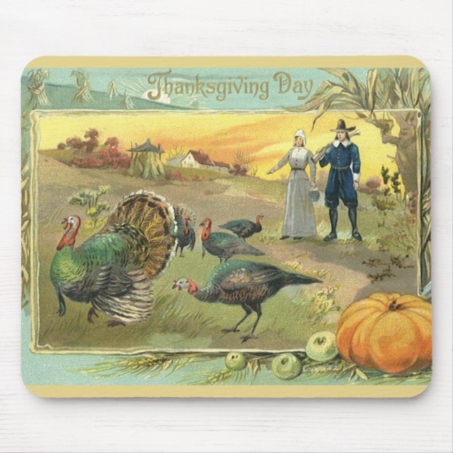 Vintage Thanksgiving with Turkeys and Pilgrims Mouse Pad (Front)
