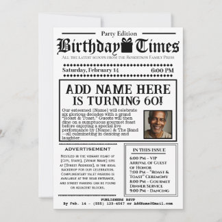 Vintage “The Birthday Times” Newspaper Invitation 