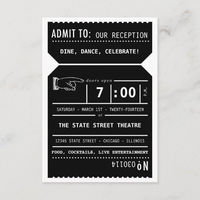 Vintage Theatre Ticket Reception Insert in Black (Front)