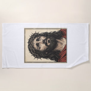 Vintage Thorn Crown Religious Portrait Vector Art_ Beach Towel
