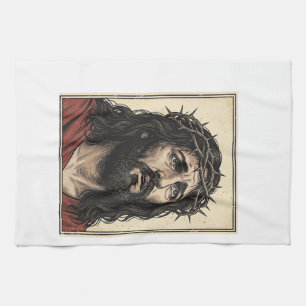 Vintage Thorn Crown Religious Portrait Vector Art_ Kitchen Towel