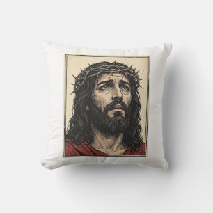 Vintage Thorn Crown Religious Portrait Vector Art_ Throw Pillow