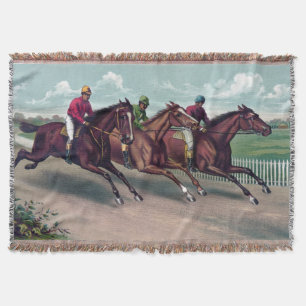 Vintage thoroughbred racehorses and jockies racing throw blanket