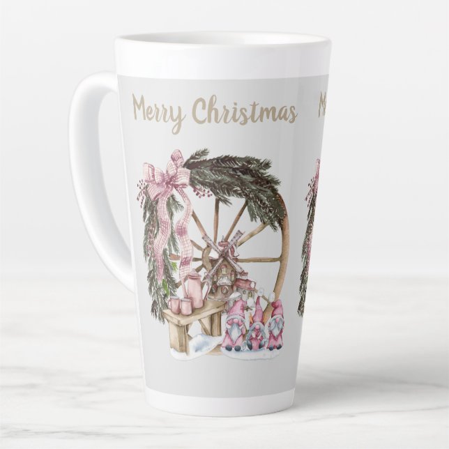 Vintage Three Gnomes and Wagon Wheel  Latte Mug (Left Angle)