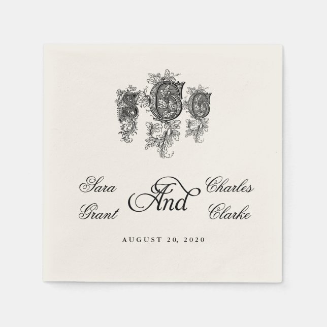 Vintage Three Monogram SCC Wedding Paper Napkins (Front)
