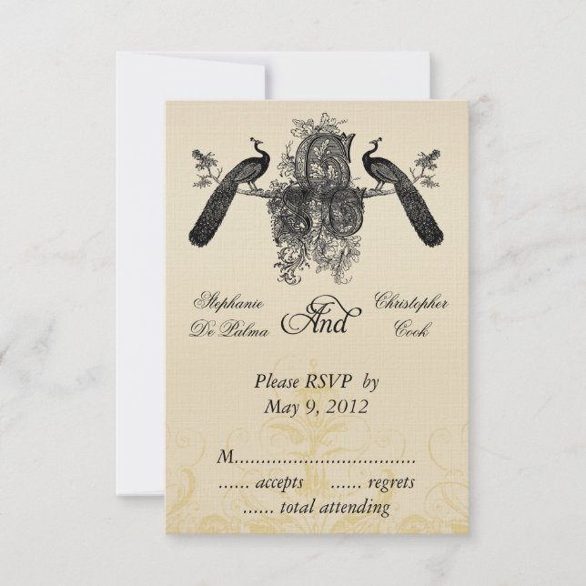 Vintage Three Monogram Wedding RSVP with Peacocks (Front)