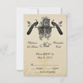 Vintage Three Monogram Wedding RSVP with Peacocks Card