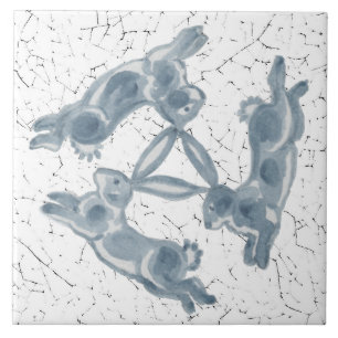 Vintage Three Rabbit Hare Trio Blue & White Delft Tile