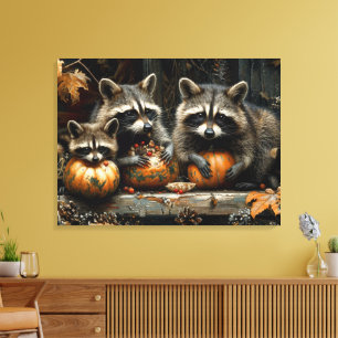 Vintage Three Raccoons and Pumpkins Autumn 32x24 Canvas Print
