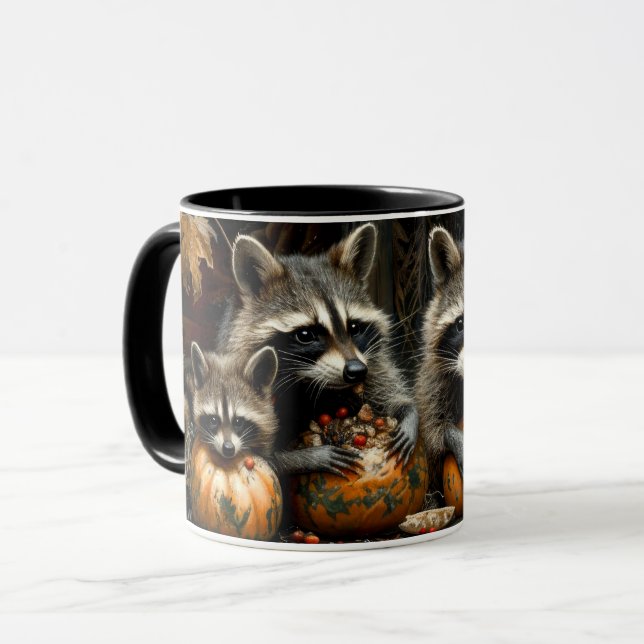 Vintage Three Raccoons and Pumpkins Autumn Mug (Front Left)