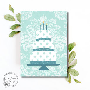 Vintage Three Tiered Birthday Cake in Aqua Card