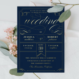 Vintage Ticket Antique Calligraphy Wedding Gold Fo