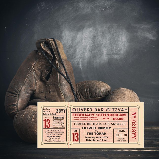 Vintage Ticket Boxing Gloves Bar Mitzvah Red Invitation (Creator Uploaded)