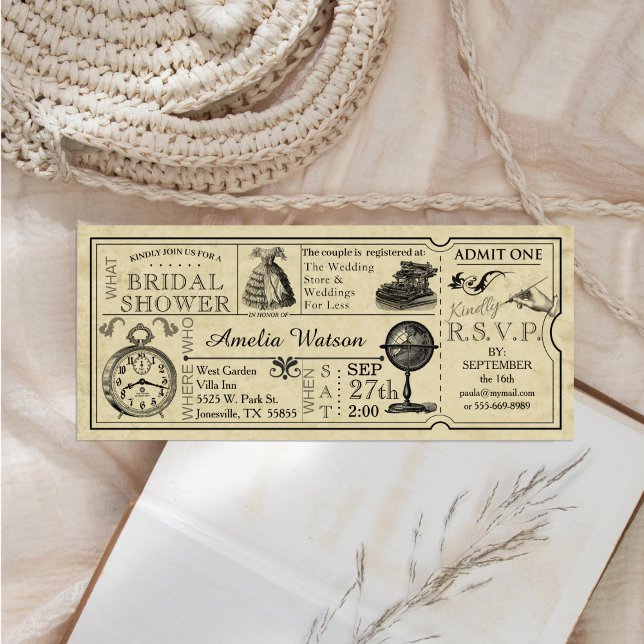 Vintage Ticket Bridal Shower Invitation (Vintage illustrations and typography ticket bridal shower invitation )