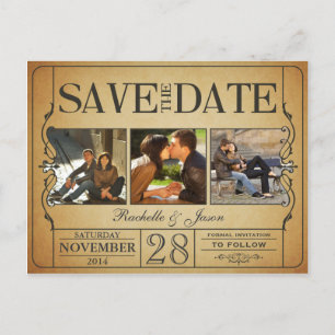 Vintage Ticket Save the Date -- 3 images 2.0 Announcement Postcard