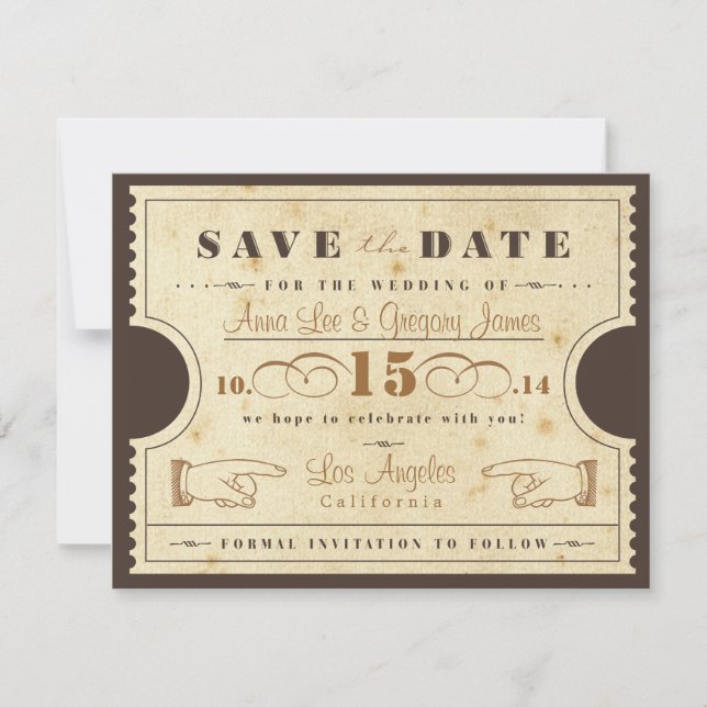 Vintage Ticket Save the Date Postcard (Front)