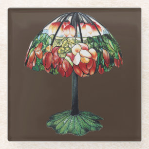 Vintage Tiffany Art Nouveau Red Lotus Floral Glass Coaster