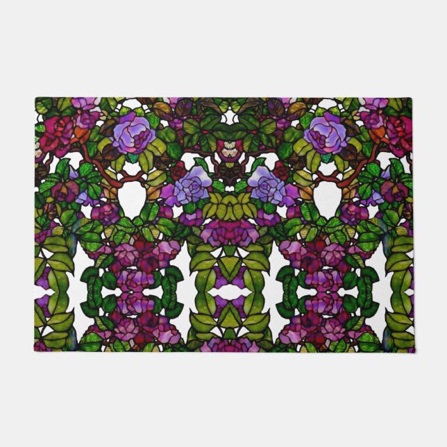 Vintage Tiffany Stained Glass Purple Roses Doormat (Front)
