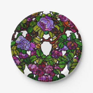Vintage Tiffany Stained Glass,  Purple Roses Paper Plate