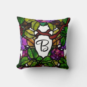 Vintage Tiffany Stained Glass Purple Roses  Throw Pillow