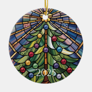 Vintage Tiffany-Style Stained Glass Christmas Tree Ceramic Ornament