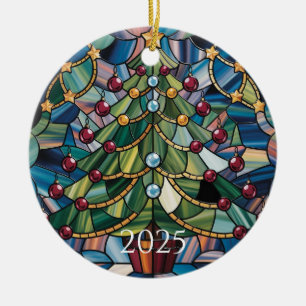 Vintage Tiffany-Style Stained Glass Christmas Tree Ceramic Ornament