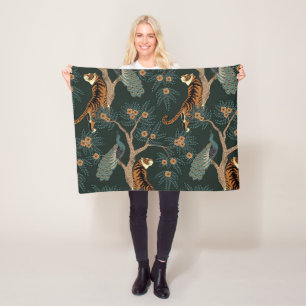 Vintage tiger and peacock fleece blanket