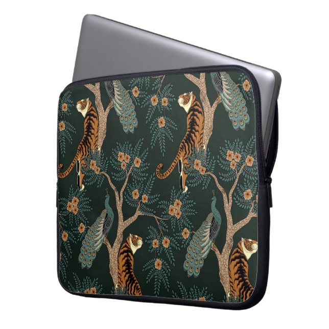 Vintage tiger and peacock laptop sleeve (Front Left)